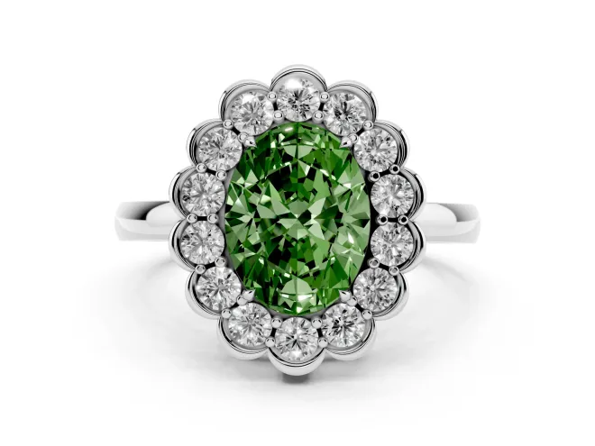 Oval Scalloped Cluster Halo Engagement Ring Setting for a Fancy Green Lab-Grown Diamond | Plain Band | White Gold