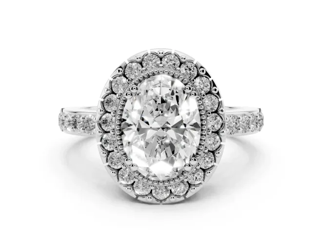 Oval Cut Diamond Halo Ring Set in White gold with Pavé Shank and Prong Setting