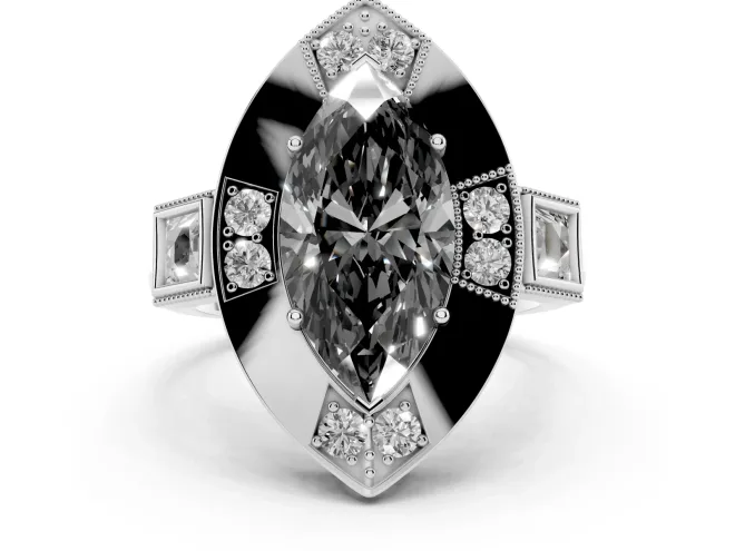 Fancy Black Marquise Cut Diamond Milgrain Halo Ring Set in White gold with Split Shank