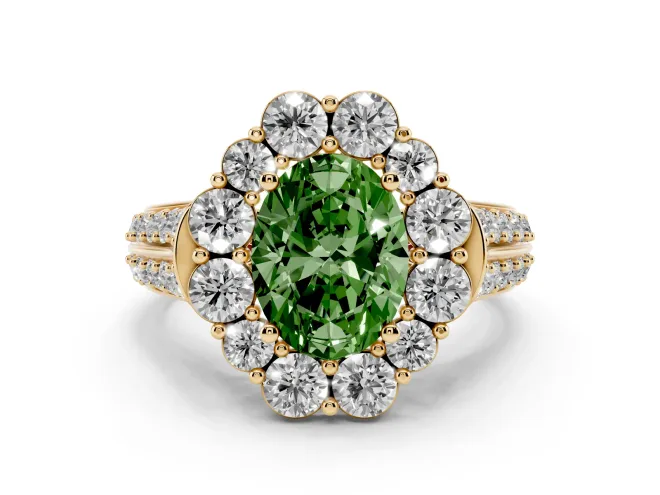 Oval Large Accent Halo Engagement Ring Setting for a Fancy Green Lab-Grown Diamond | Yellow Gold