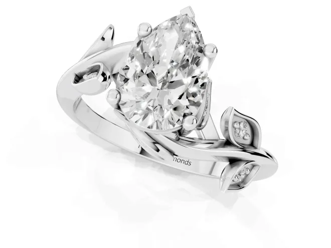 Pear Cut Diamond Solitaire Twist Engagement Ring Set in Silver with Pavé Leaf Accents – second view