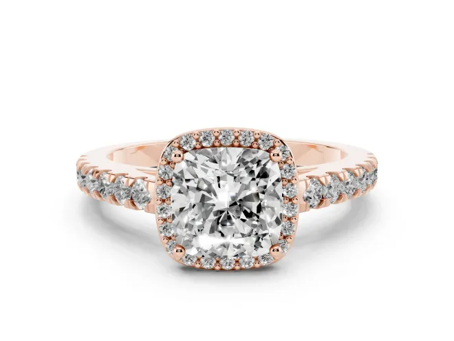 Cushion Cut Diamond Halo Engagement Ring Set in Rose gold with Pavé Band and Prong Setting