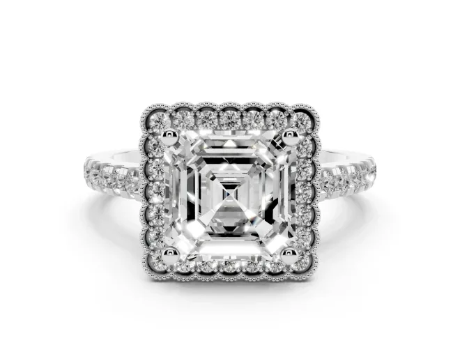 Asscher Cut Diamond Milgrain Floral Halo Engagement Ring Set in Silver with Pavé Band
