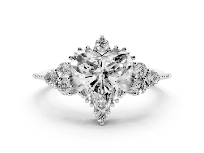 Heart Cut Diamond Cluster Ring Set in White gold with Beaded Band