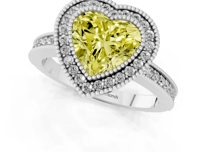 Fancy Yellow Heart Cut Diamond Round Halo Ring Set in Silver with Pavé Band – second view