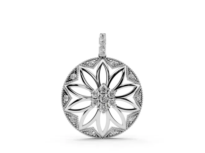 Round Lab-Grown Diamond Cluster Flower Pendant Necklace | Milgrain Frame | White Gold