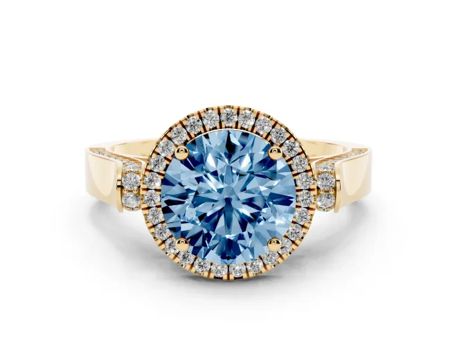 Round Pavé Halo Engagement Ring Setting for a Fancy Blue Lab-Grown Diamond | Yellow Gold