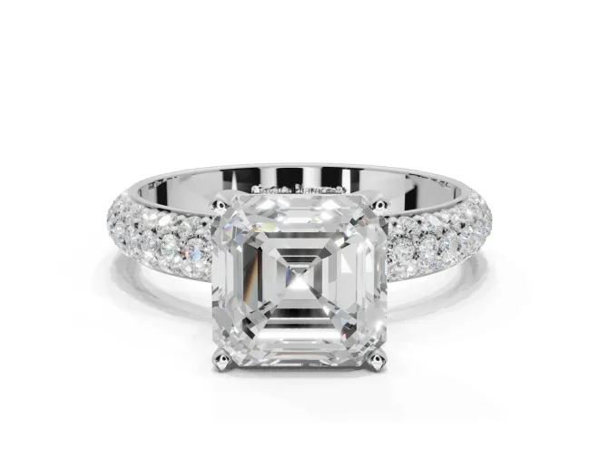 Asscher Cut Pavé Solitaire Engagement Ring Setting | Domed Pavé Band | Sterling Silver