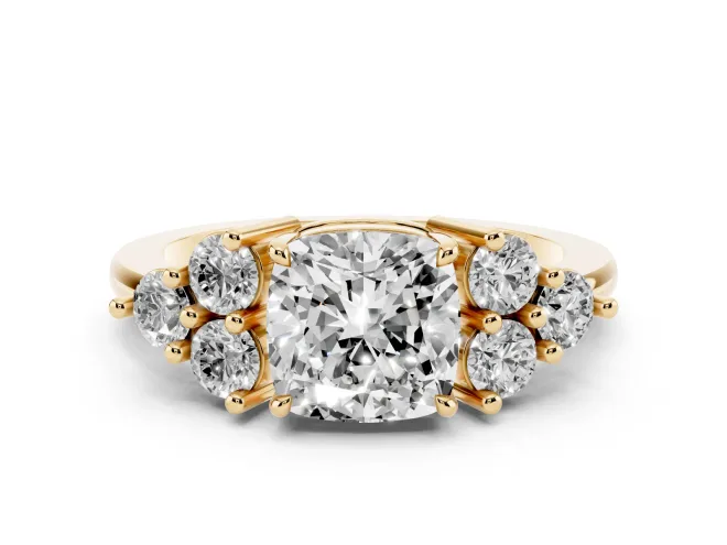 Cushion Cut Cluster Side Stone Engagement Ring Setting | Plain Band | Yellow Gold