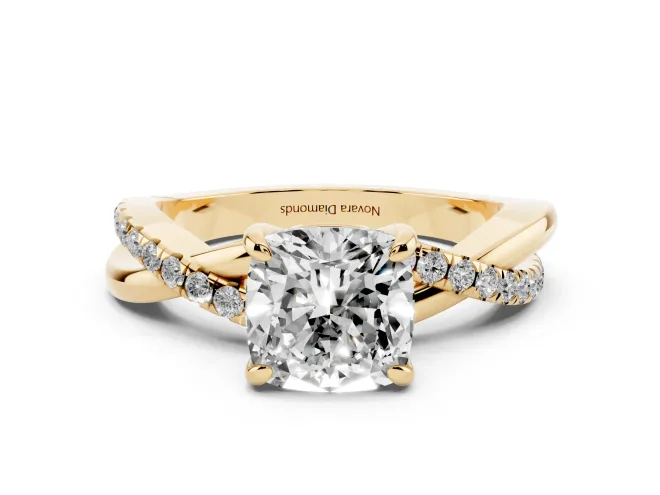 Cushion Cut Pavé Twist Engagement Ring Setting | Crossover Band | Yellow Gold