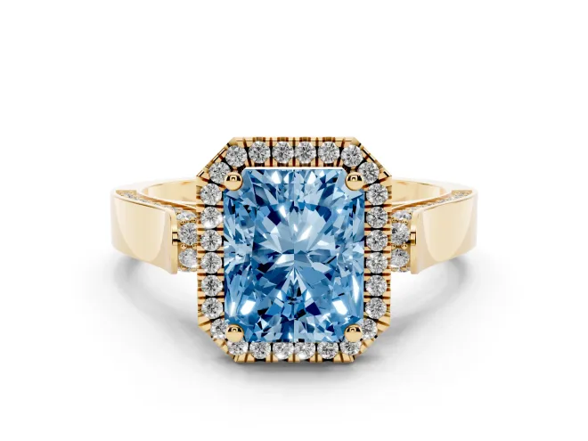 Radiant Cut Halo Engagement Ring Setting for a Fancy Blue Lab-Grown Diamond | Pavé Panel Shoulders | Yellow Gold