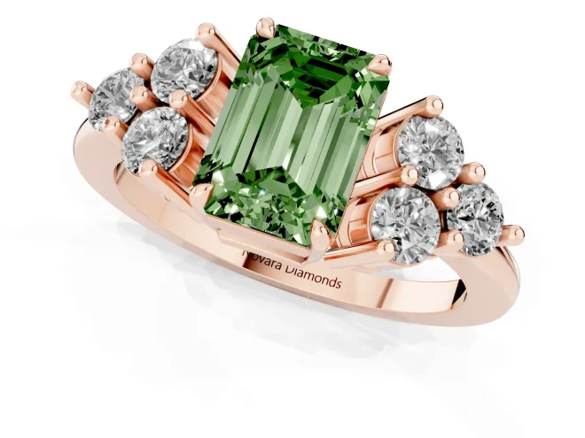 Fancy Green Emerald Cut Diamond Solitaire Ring Set in Rose gold with Cluster Accents on Each Side – second view