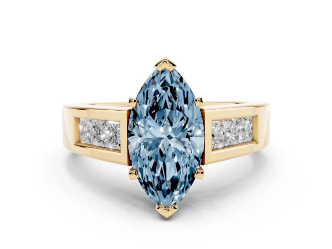 Fancy Blue Marquise Cut Diamond Solitaire Ring Set in Yellow gold with Channel-Set Accent Stones and Prong Setting