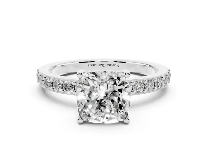 Cushion Cut Diamond Solitaire Set in Platinum with Round Pavé Band and Prong Setting