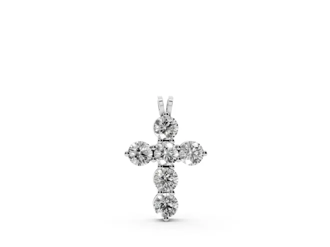 Round Lab-Grown Diamond Mini Cross Pendant Necklace | Individual Prongs | Sterling Silver