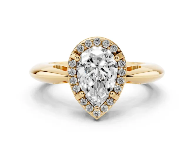 Pear Cut Diamond Halo Engagement Ring Set in Yellow gold with Plain Split Shank and Prong Setting