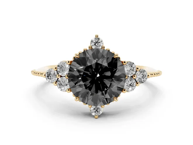 Fancy Black Round Cut Diamond Cluster Ring Set in Yellow gold with Beaded Band