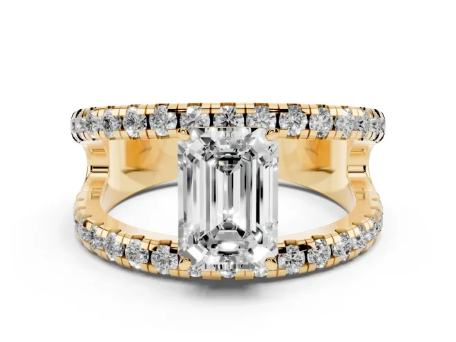 Emerald Cut Wide Open Split Shank Engagement Ring Setting | Pavé Strands | Yellow Gold