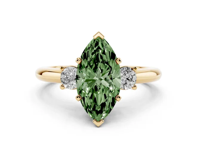 Marquise Three Stone Engagement Ring Setting for a Fancy Green Lab-Grown Diamond | Round Side Stones | Yellow Gold