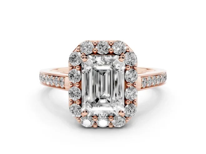 Emerald Cut Floral Halo Engagement Ring Setting | Large Round Accents | Rose Gold