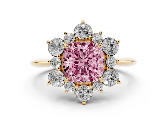 Cushion Cut Cluster Halo Engagement Ring Setting for a Fancy Pink Lab-Grown Diamond | Yellow Gold