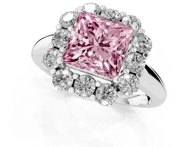 Fancy Pink Princess Cut Diamond Milgrain Halo Solitaire Ring Set in Platinum with Bezel Set Side Stones and Pavé Band – second view