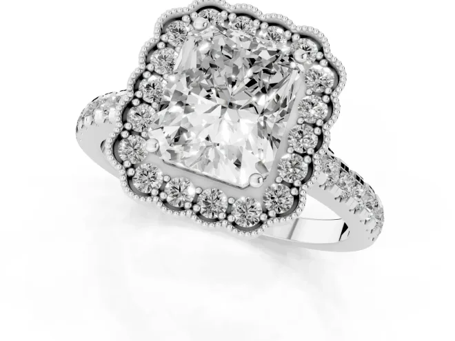 Radiant Cut Diamond Milgrain Floral Halo Engagement Ring Set in White gold with Pavé Band – second view