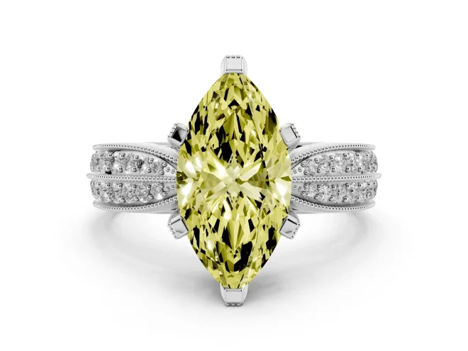 Fancy Yellow Marquise Cut Diamond Solitaire Ring Set in Platinum with Milgrain Double Row Round Pavé Band