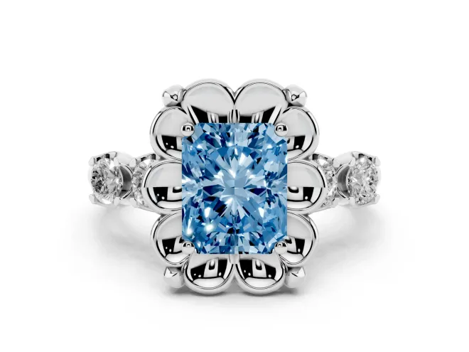 Fancy Blue Radiant Cut Diamond Floral Halo Ring Set in Silver with Shared Prong Band