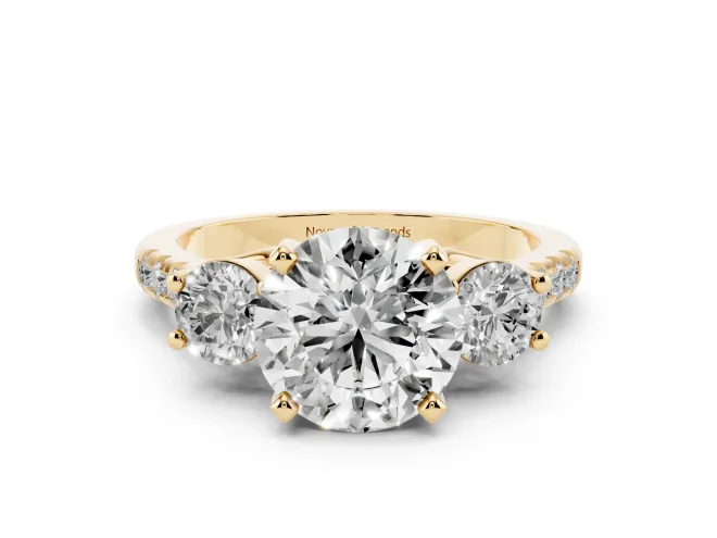 Round Three-Stone Pavé Engagement Ring Setting | Round Side Stones | Yellow Gold