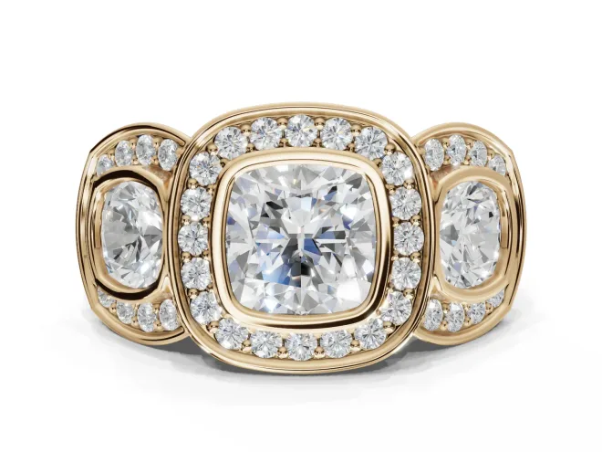 Cushion Cut Three Stone Halo Engagement Ring Setting | Bezel Set | Yellow Gold