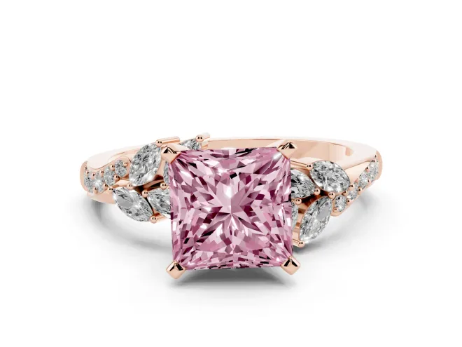 Princess Cut Floral Engagement Ring Setting for a Fancy Pink Lab-Grown Diamond | Marquise Side Stones | Rose Gold