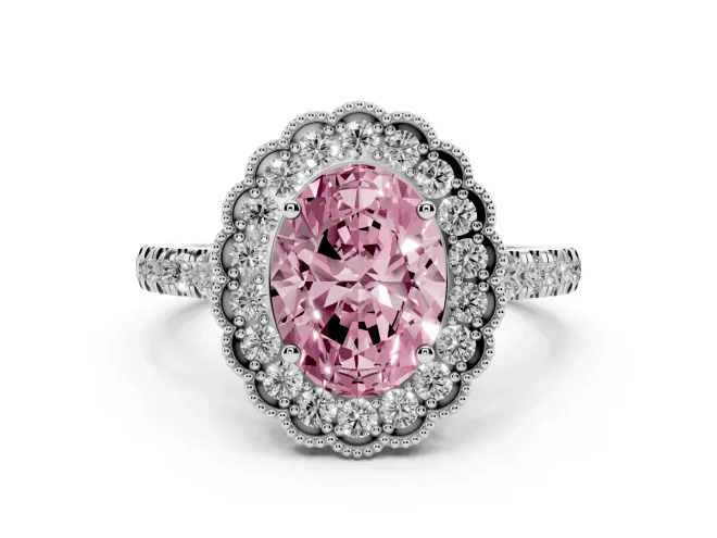 Oval Vintage Milgrain Floral Halo Engagement Ring Setting for a Fancy Pink Lab-Grown Diamond | Pavé Band | White Gold