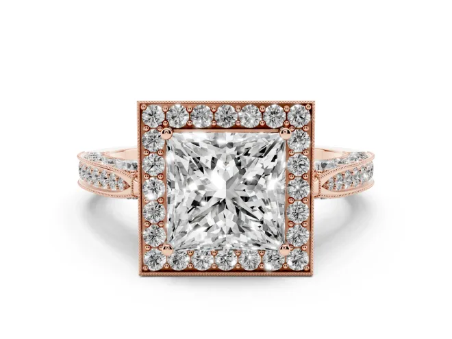 Princess Cut Vintage Milgrain Halo Engagement Ring Setting | Side Stones and Pavé | Rose Gold