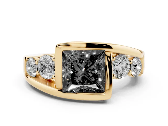 Fancy Black Princess Cut Diamond Bezel Bypass Ring Set in Yellow gold with Round Accents