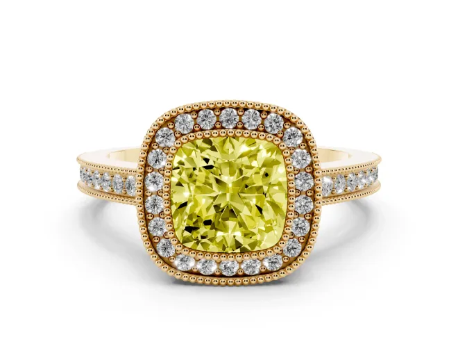 Cushion Cut Milgrain Halo Engagement Ring Setting for a Fancy Yellow Lab-Grown Diamond | Yellow Gold