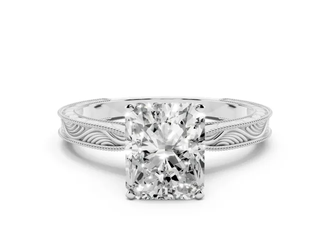 Radiant Cut Engraved Solitaire Engagement Ring Setting | Milgrain Edges | Platinum