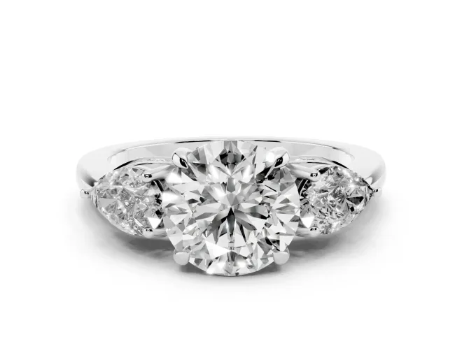 Round Cut Diamond Three-Stone Ring Set in Silver with Pear Side Stones