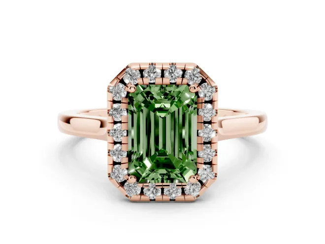 Emerald Cut Halo Engagement Ring Setting for a Fancy Green Lab-Grown Diamond | Flat Tapered Band | Rose Gold