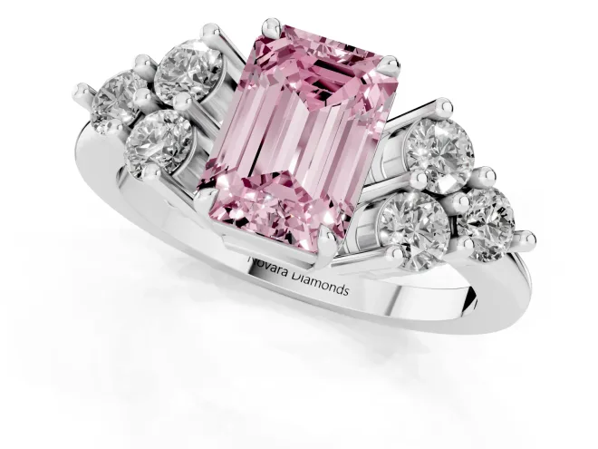 Fancy Pink Emerald Cut Diamond Solitaire Ring Set in Platinum with Cluster Accents on Each Side – second view