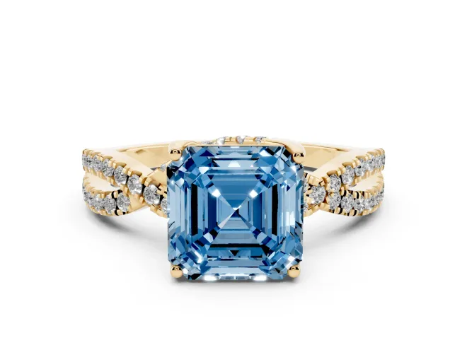 Asscher Cut Twisted Pavé Engagement Ring Setting for a Fancy Blue Lab-Grown Diamond | Split Shank | Yellow Gold