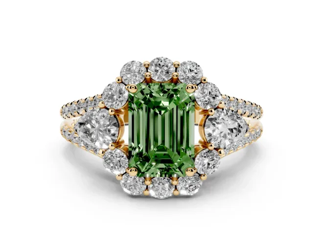 Emerald Cut Scalloped Halo Engagement Ring Setting for a Fancy Green Lab-Grown Diamond | Pear Side Stones | Yellow Gold