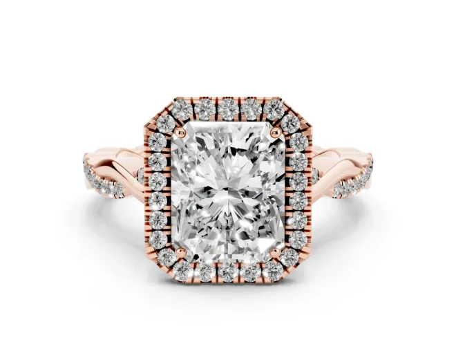 Radiant Cut Diamond Halo Twist Band Solitaire Ring Set in Rose gold with Prong Setting