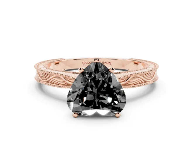 Heart-Shaped Engraved Solitaire Engagement Ring Setting for a Black Center | Rose Gold