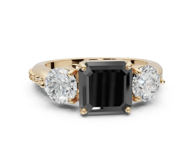 Asscher Cut Three Stone Engagement Ring Setting for a Black Center | Tapered Pavé Band | Yellow Gold