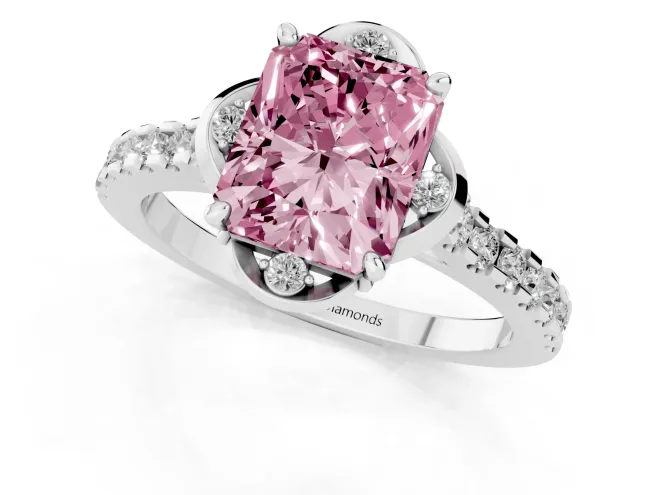 Fancy Pink Radiant Cut Diamond Solitaire Ring Set in White gold with Pavé Band and Floral Prong Setting – second view