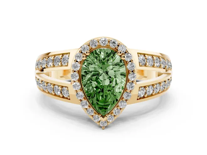 Pear-Shaped Halo Engagement Ring Setting for a Fancy Green Lab-Grown Diamond | Two-Row Pavé Split Shank | Yellow Gold