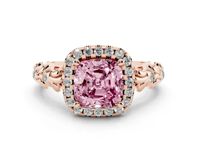 Cushion Cut Leaf Halo Engagement Ring Setting for a Fancy Pink Lab-Grown Diamond | Bezel Accents | Rose Gold