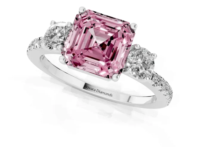 Fancy Pink Asscher Cut Diamond Three-Stone Ring Set in White gold with Pavé Band and Graduated Sides – second view