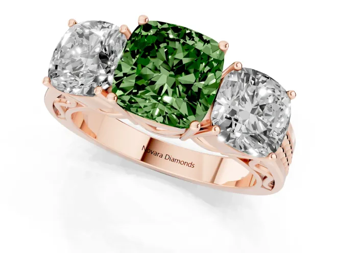 Cushion Cut Three Stone Engagement Ring Setting for a Fancy Green Lab-Grown Diamond | Beaded Shoulders | Rose Gold – second view